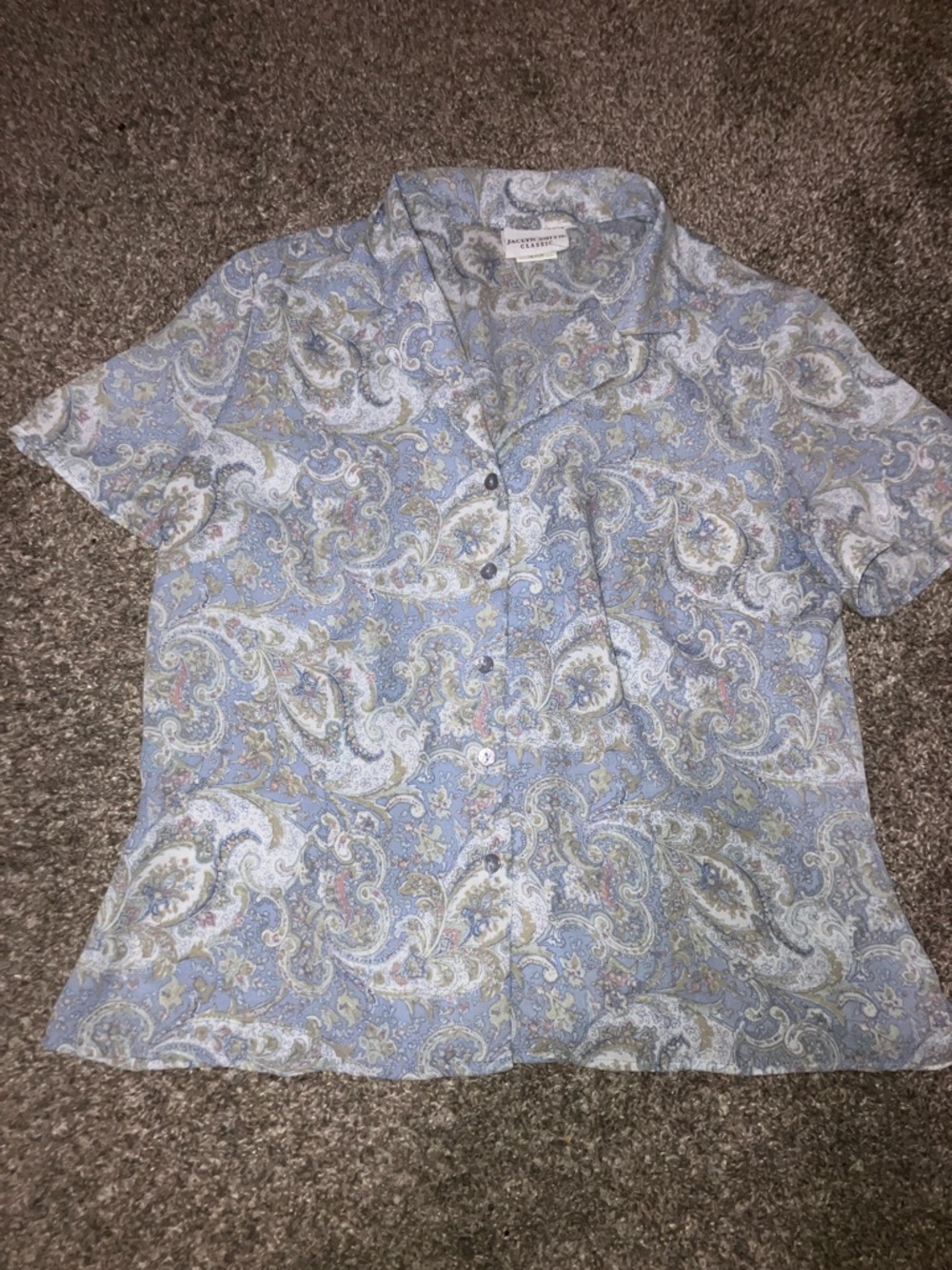 Jaclyn Smith Blue Paisley Short-Sleeve Button Front Blouse Vintage 14